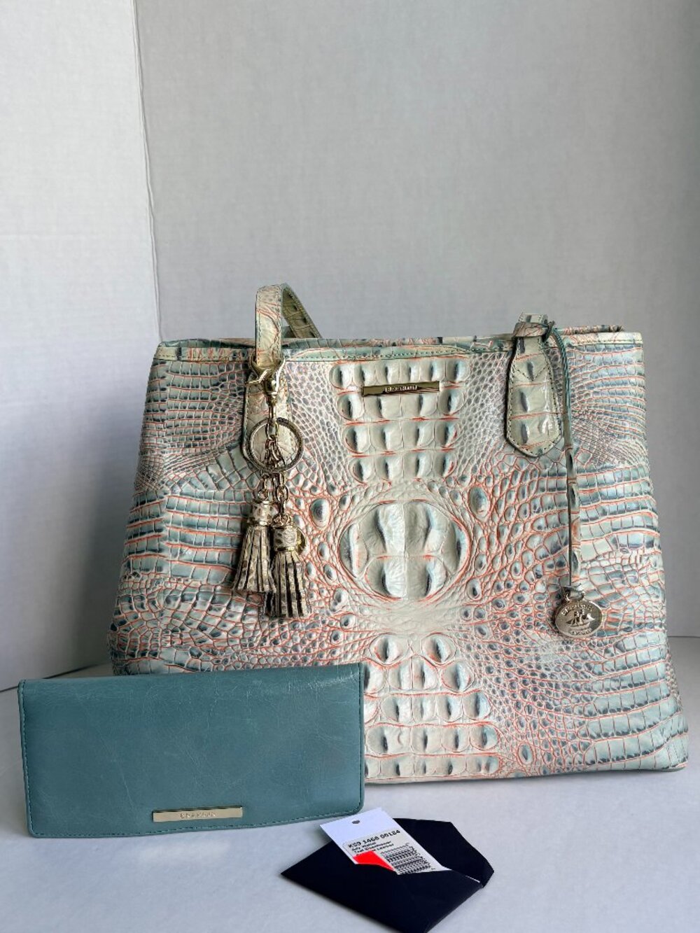 Brahmin Medium Julian Aquarelle Melbourne Leather Tote & Ady Wallet Teal Eisenho